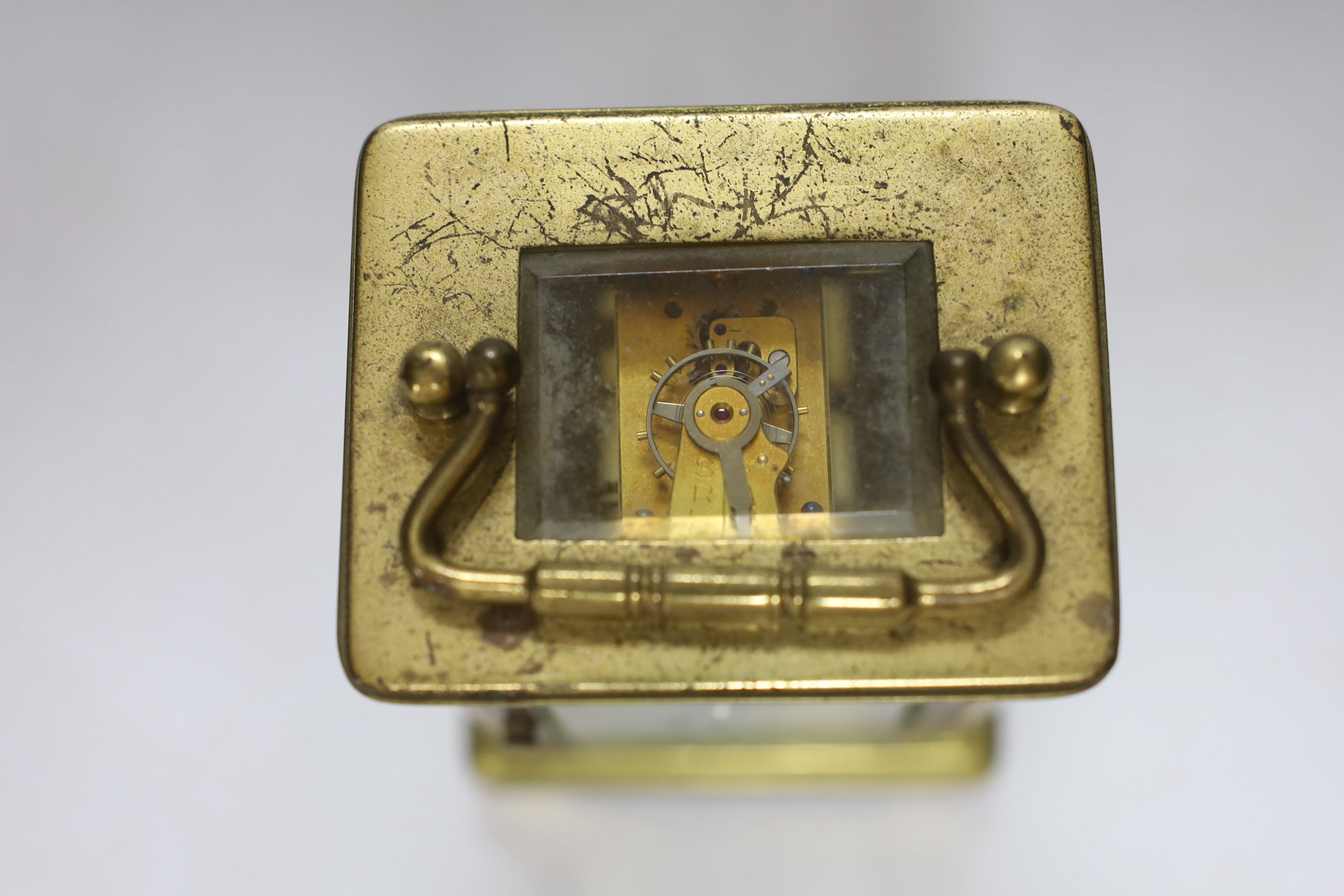 A late 19th century French eight day brass cased carriage timepiece, signed Tfink & Co. London, Made in Paris, 11cm